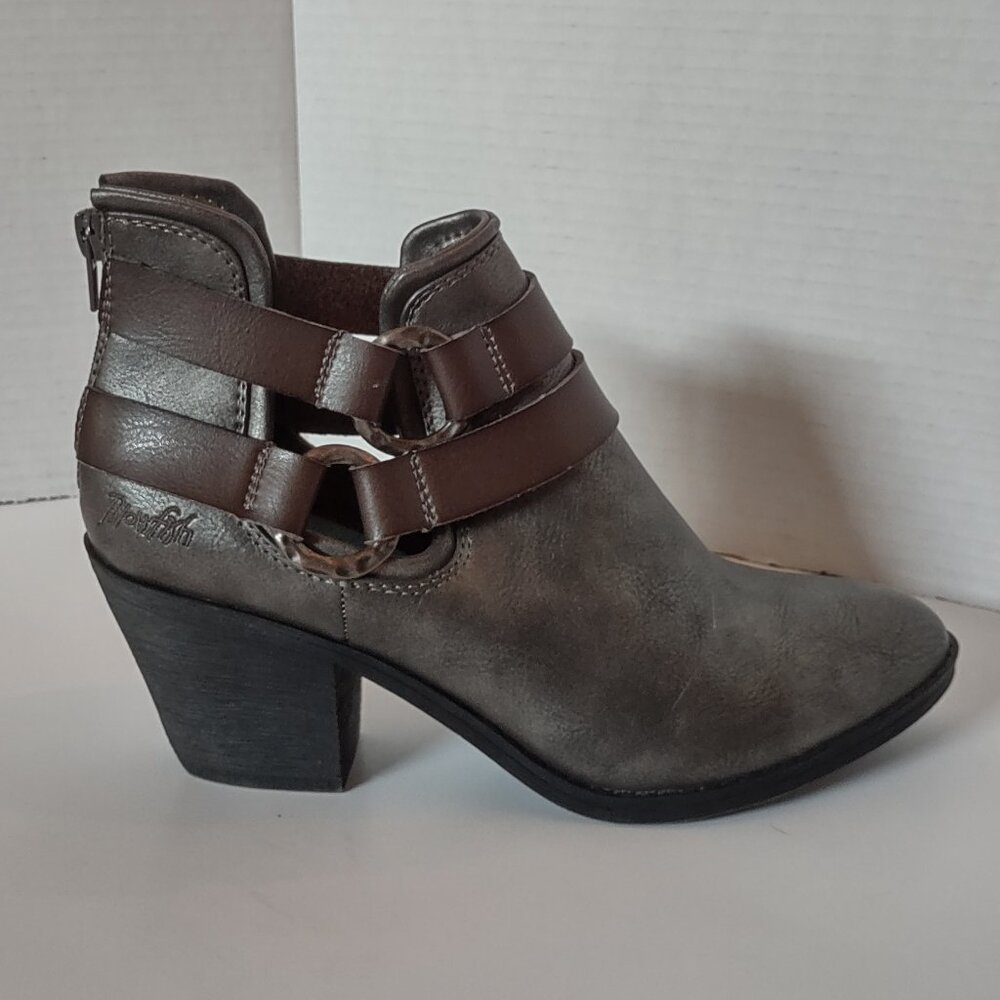 Blowfish Gray and Dark Brown Strappy Cutout Ankle Booties
